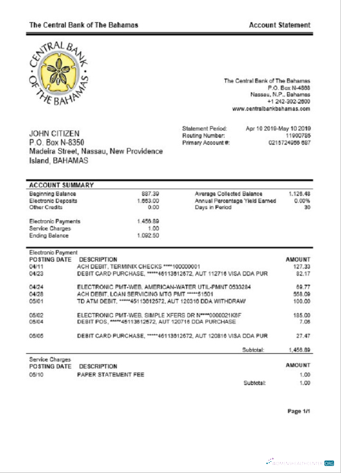 Download Bahamas The Central Bank of The Bahamas bank statement word